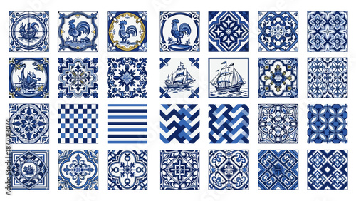 Collection of various blue and white traditional portuguese azulejo tiles with different patterns and designs