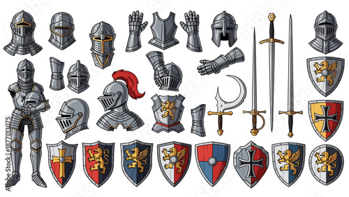 Medieval knight armor and shield heraldry set