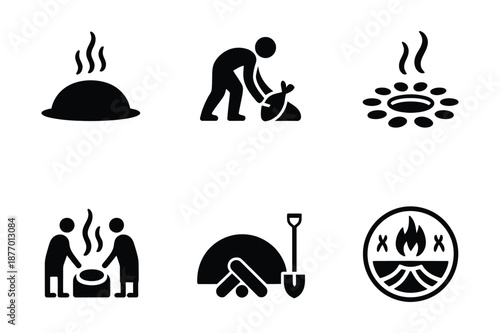 Traditional Earth Oven and Pit Cooking Silhouette Icon Collection