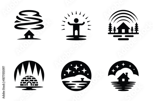 Nature and Outdoor Living Icon Set with Igloo and Cabin