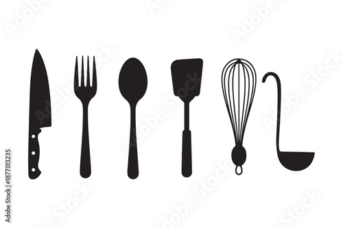Black Silhouette Set of Professional Kitchen Cooking Utensils