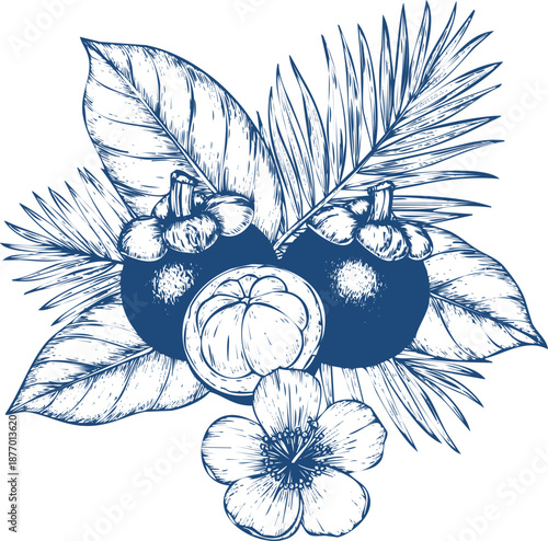 Exotic mangosteen fruits whole and sliced surrounded by tropical leaves and flowers vintage style
