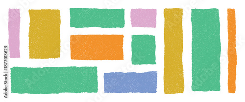 Grunge textured rectangles in pastel color palette on transparent background, abstract vector shapes in green yellow pink orange and blue, layout elements for modern creative design projects