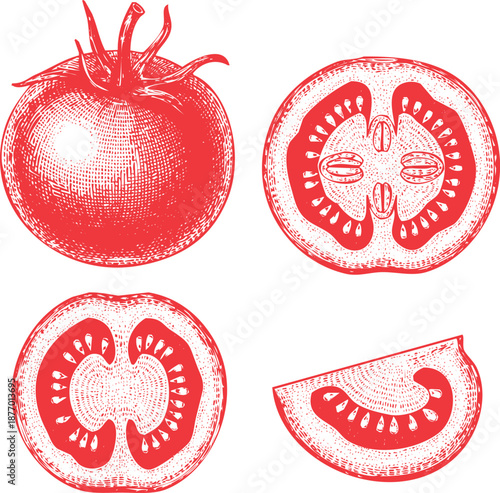 Set of red tomato images whole half and wedge cut transparent background
