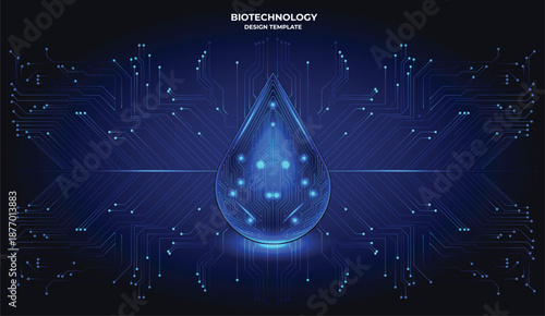 Matrix-style water droplet with technology circuit: Symbol of ecological sustainability and green technology in a bright vector. Futuristic water droplet. Biotechnological innovation for environmental