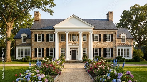 Luxurious Neoclassical Stone Mansion with Grand White Columns and Hydrangea Path