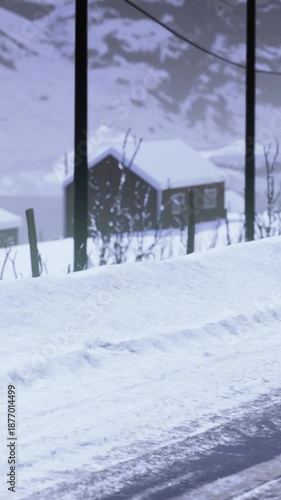 Wallpaper Mural telephone pole foreground over snowy cabins and quiet road, stark shadows, weathered timber, utility lines cutting cold sky, silent rural winter mood. Torontodigital.ca