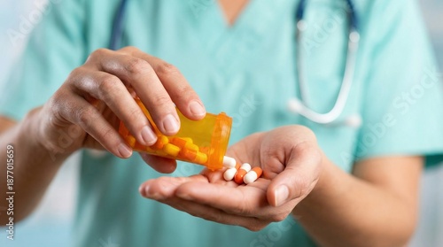 Healthcare professional dispensing prescription medication pills from bottle into hand