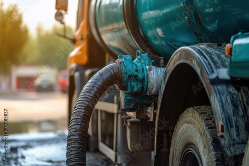 Sewage truck vacuuming home septic tank in suburban area