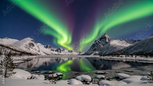 Aurora Borealis Reflecting in Frozen Lake with Snowy Mountains and Evergreen Trees at Night