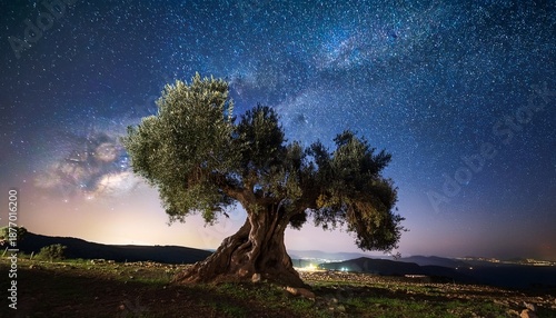 Ancient Olive Tree Under Starry Night Sky