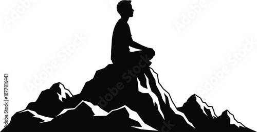A person sitting on a mountain peak in a meditative pose with a serene and peaceful environment