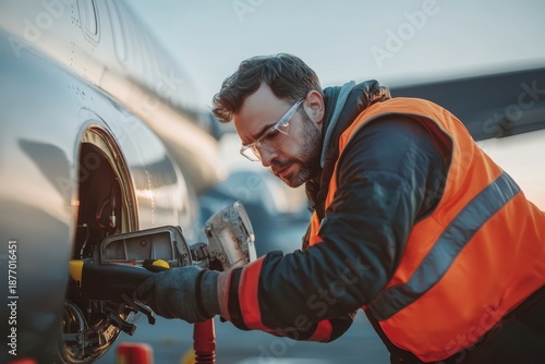 Technician is refueling planes with eco friendly fuel © VolumeThings