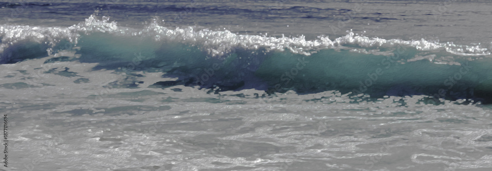 Fototapeta premium Ocean Waves w/Sea Foam Rush in to Shoreline w/Light Illuminating through Small Wave - Backdrop, Background, Border (filtered photo)