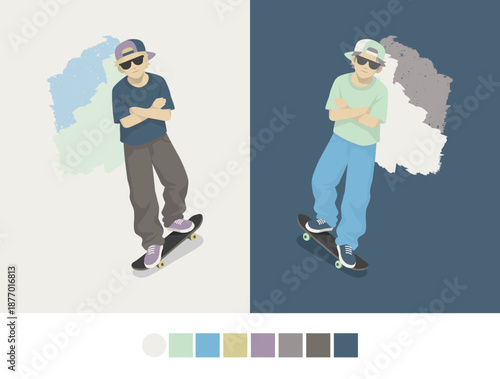 Cool Skater Boy Character with Arms Crossed on Skateboard 
