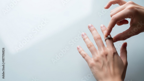 Close Up of Hand Placing Diamond Engagement Ring on Finger in Soft Light