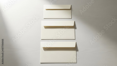 Three Closed Cream Envelopes Standing Vertically on Woody Surface with Natural Light