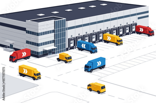 Distribution Center Vector Illustration for Warehouse Logistics, Freight Transportation and Supply Chain Operations