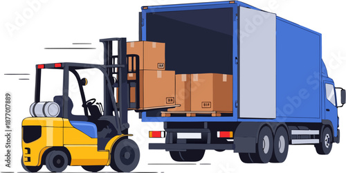 Forklift and Truck Vector Illustration for Warehouse Shipping, Cargo Transfer and Logistics Distribution