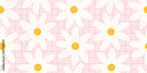 Cute daisy flower seamless background with tiny blooms, hearts, and gingham texture. Ideal for girly textiles, gift wrap, and romantic floral designs