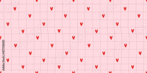 Seamless heart gingham pattern with tiny hearts on a soft checkered background. Designed for Valentine gift wrap, baby fabrics, and romantic tablecloth prints