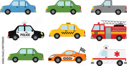 Cartoon vehicle set with cars, taxi, police car, fire truck and ambulance, transport icons isolated on white