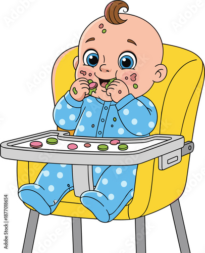 Cute baby eating snacks in high chair, messy face with food, adorable toddler feeding illustration on white background
