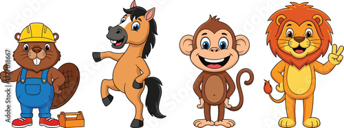 Cute cartoon animal characters set with beaver worker, playful horse, smiling monkey and friendly lion illustration isolated