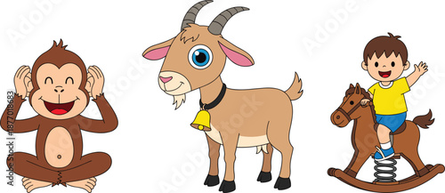Photography Cute cartoon animals and kids illustration set with smiling monkey, farm goat an