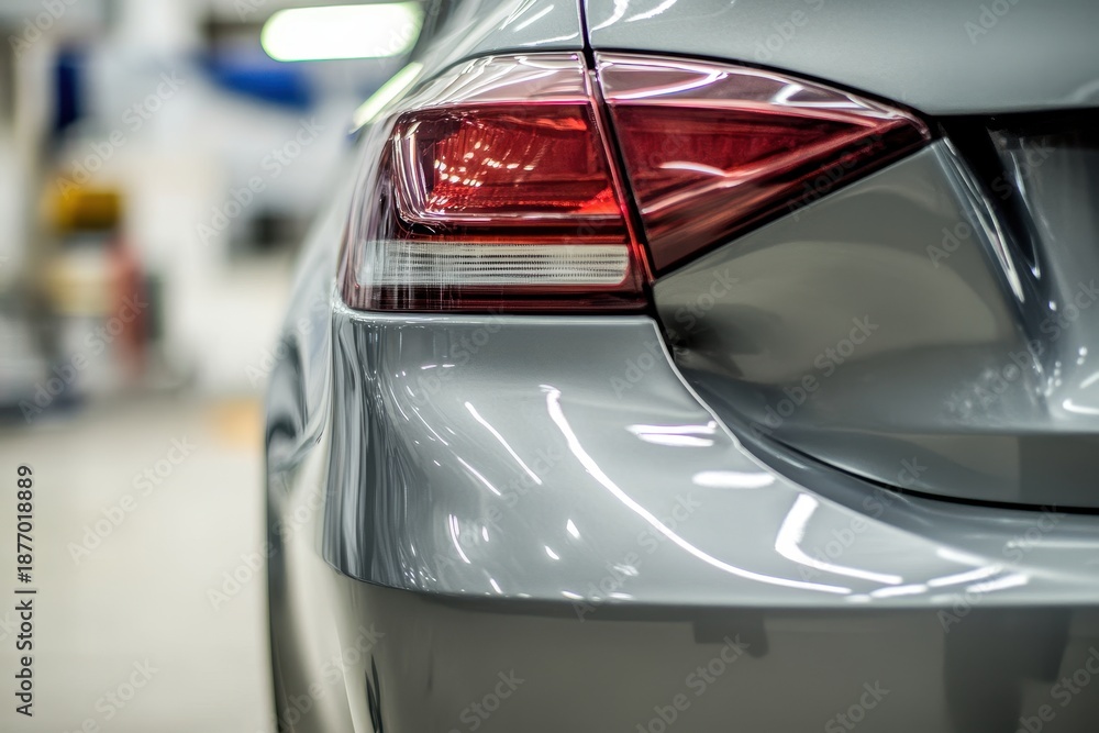 Fototapeta premium Zoomed in shot of a dented grey car bumper ready for smoothing and painting at a service station