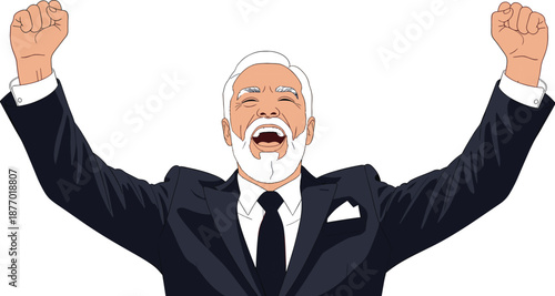 Happy senior businessman celebrating success with raised fists, winning achievement and motivation concept, confident leadership illustration
