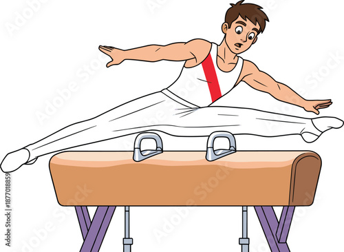 Male gymnast performing pommel horse routine, artistic gymnastics training and sports competition concept, athletic exercise illustration