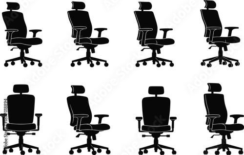 Office Chair Silhouette Set in Different Angles, Ergonomic Swivel Desk Chair Collection, Furniture Vector Icons Isolated