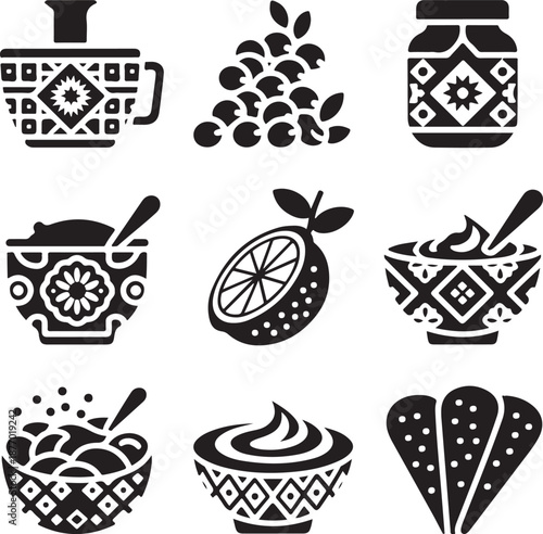 Food icons, yogurt bowl, berry fruit, jam jar, sweet dessert, breakfast meal, ceramic pottery, healthy snack