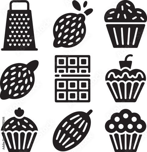Baking icons, chocolate bar, sweet cupcake, lemon zest, kitchen grater, dessert pastry, muffin cake, cooking food