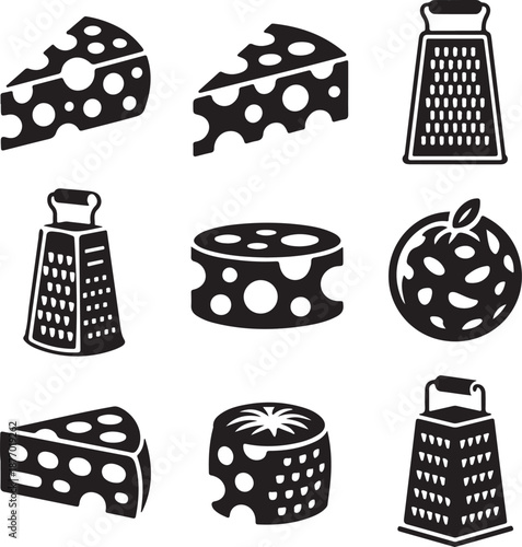 Cheese icons, metal grater, swiss dairy, cheddar slice, food shredder, cooking ingredient, kitchen tool, gourmet product