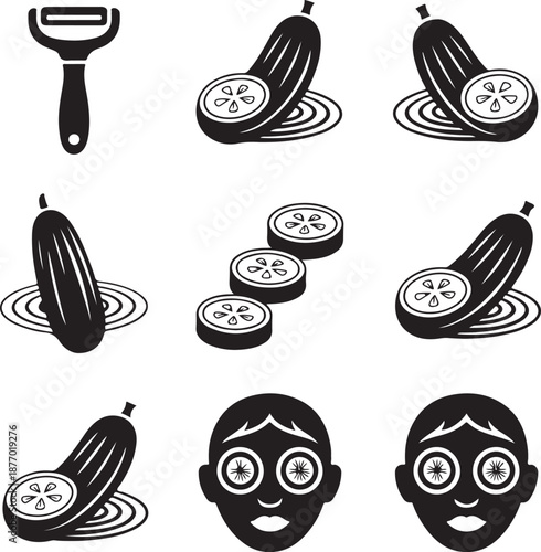 Beauty icons, cucumber slice, face mask, skincare treatment, vegetable peeler, spa relax, facial wellness, fresh dermatology