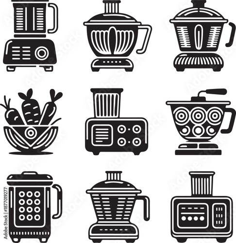 Appliance icons, kitchen blender, food processor, electric mixer, smoothie machine, cooking equipment, household device, juicer tool