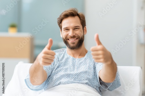 Joyful male patient giving a thumbs up in a hospital Grinning recovering patient pays medical bill through insurance Delighted patient with thumbs up gesture