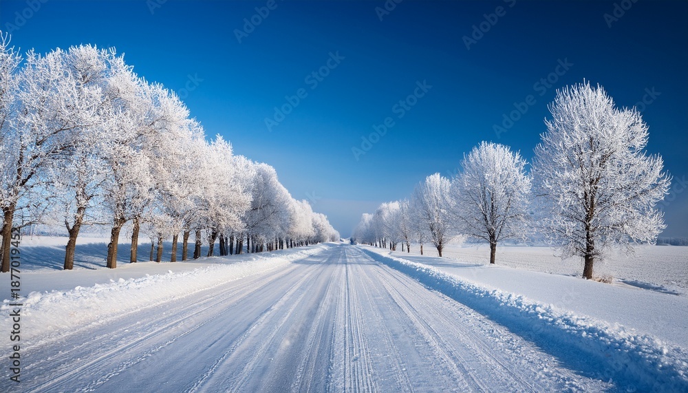 Fototapeta premium Snow Covered Road Lined With Frosted Trees Under A Clear Blue Sky