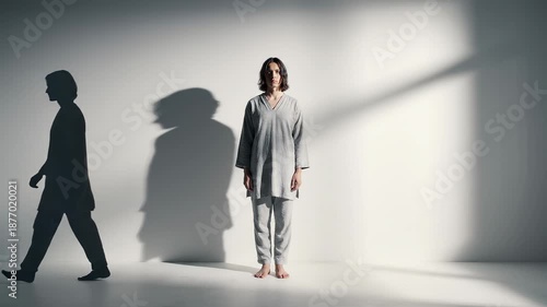 Conceptual video of woman and her walking shadow