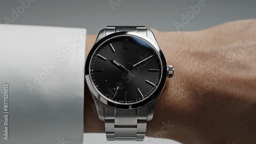 Businessman putting on expensive stainless steel wristwatch