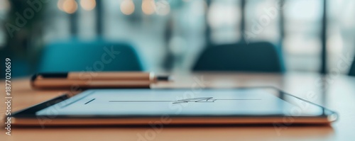Digital Signature Stylus and Tablet on Table, Focused on E-Sign, Contract Signing, Business Document, Workflow, Close-up, Technology