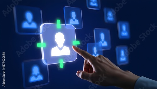 Targeting and personalization of customer communication. Marketing automation system. Marketer tapping a customer icon.