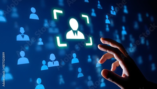 Targeting and personalization of customer communication. Marketing automation system. Marketer tapping a customer icon.