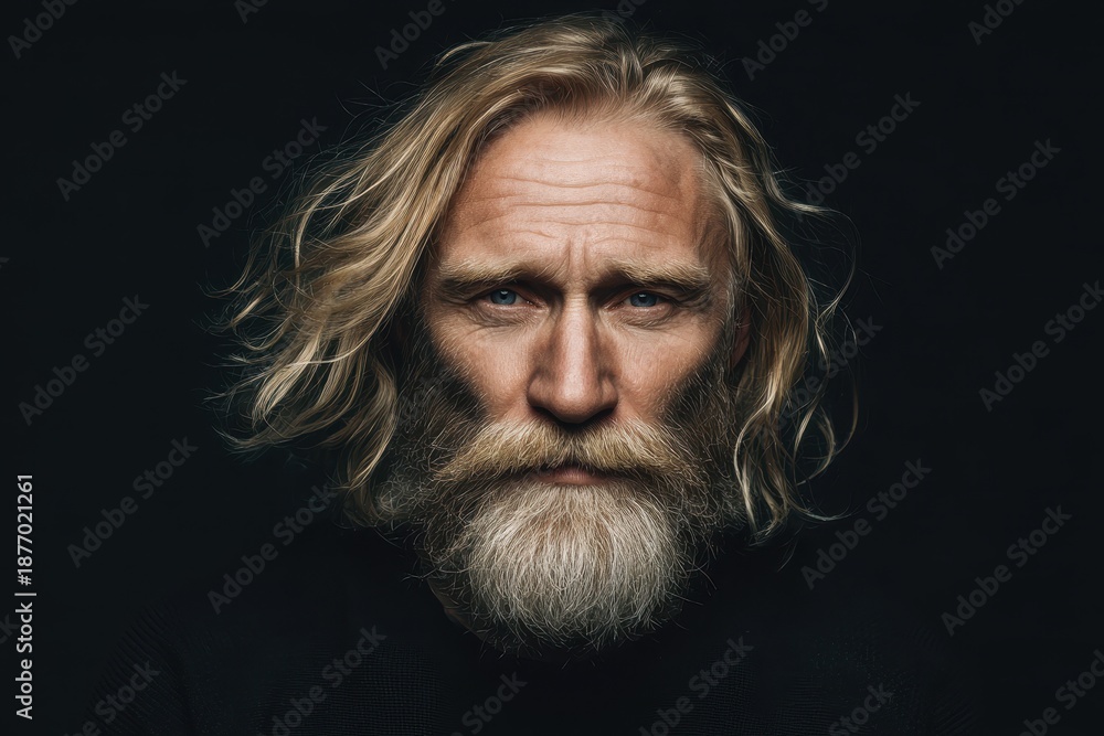 Fototapeta premium Portrait of an attractive older man with a beard and blond hair against a dark backdrop