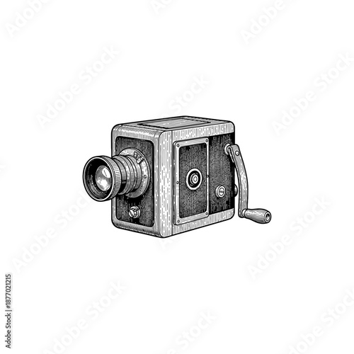 Vintage hand crank film camera engraving.