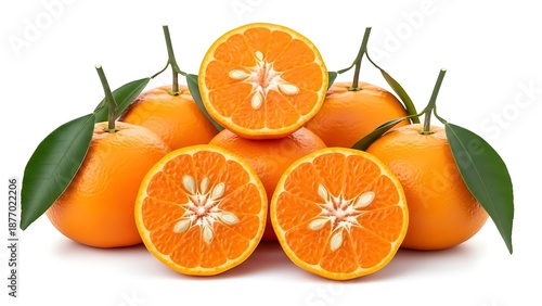 Fresh baby shantang mandarin fruits displaying their characteristic small round shape and bright coloring, positioned in the middle of a pristine white isolated background with professional product 