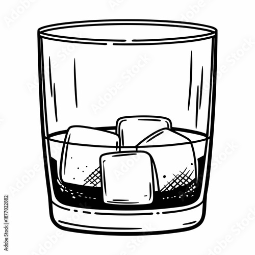 Minimalist line icon of whiskey glass with ice cubes, clean black outline, thin stroke, vector illustration, isolated on white background, old fashioned cocktail in low glass with ice cube