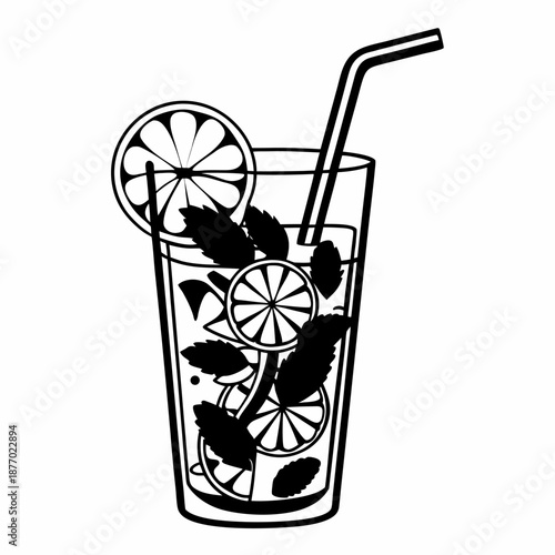 Minimalist line icon of mojito cocktail in tall glass with straw, mint leaves and lime slice, clean black outline, thin stroke, vector illustration, isolated on white background
